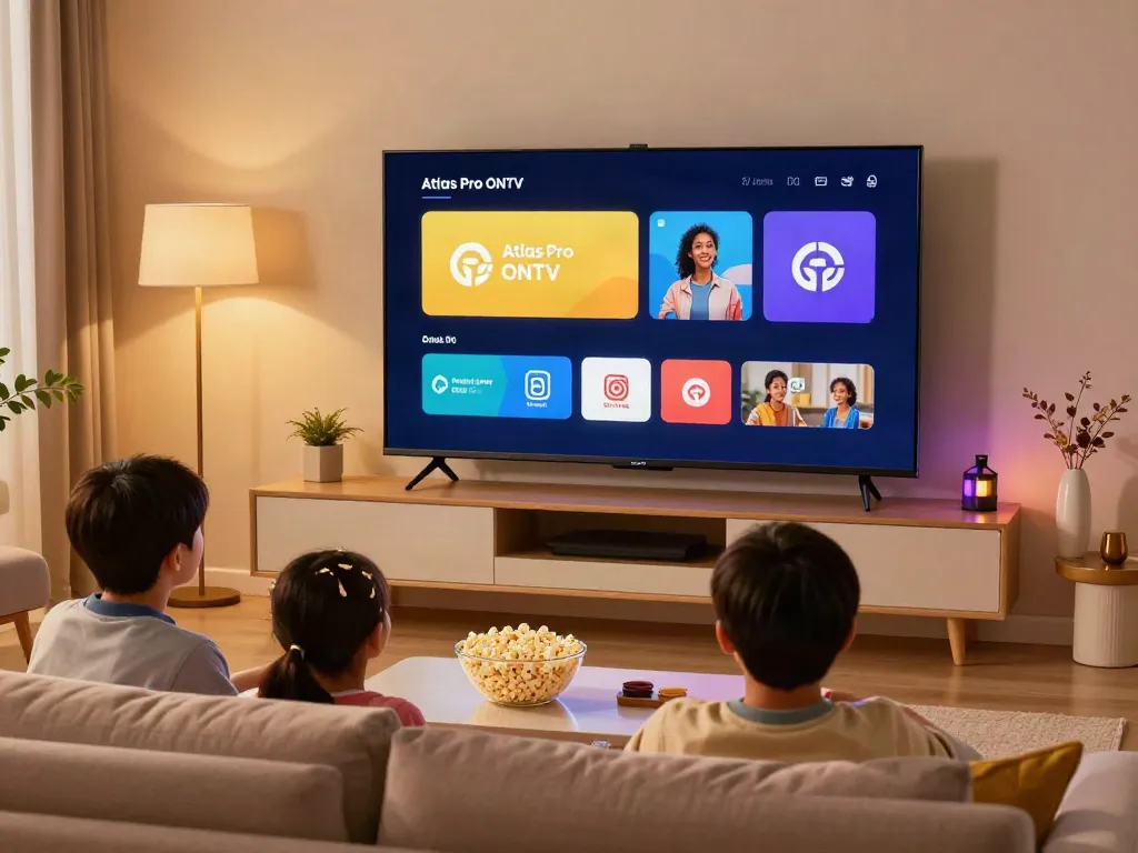 Famille profitant de l'application Atlas Pro ONTV dans un salon moderne avec une ambiance chaleureuse.
