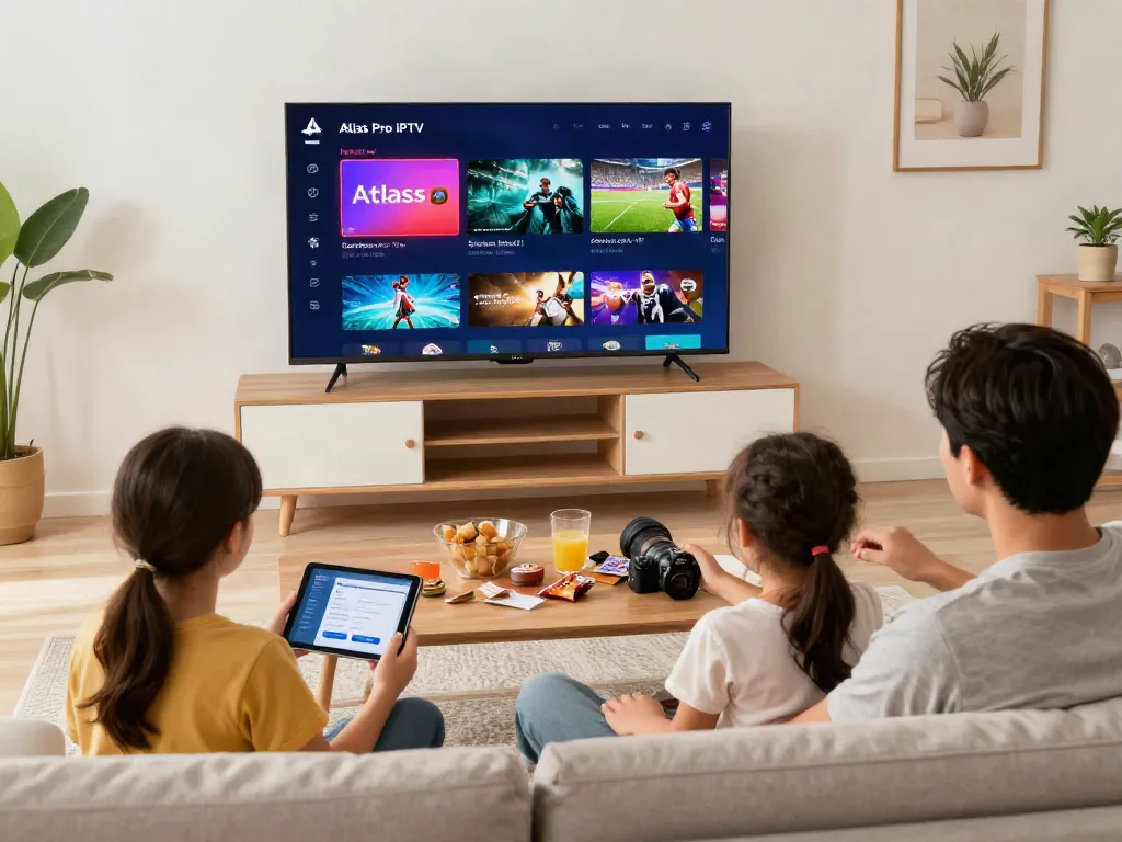 Expérience de famille avec atlas pro iptv sur un téléviseur connecté dans un salon moderne.