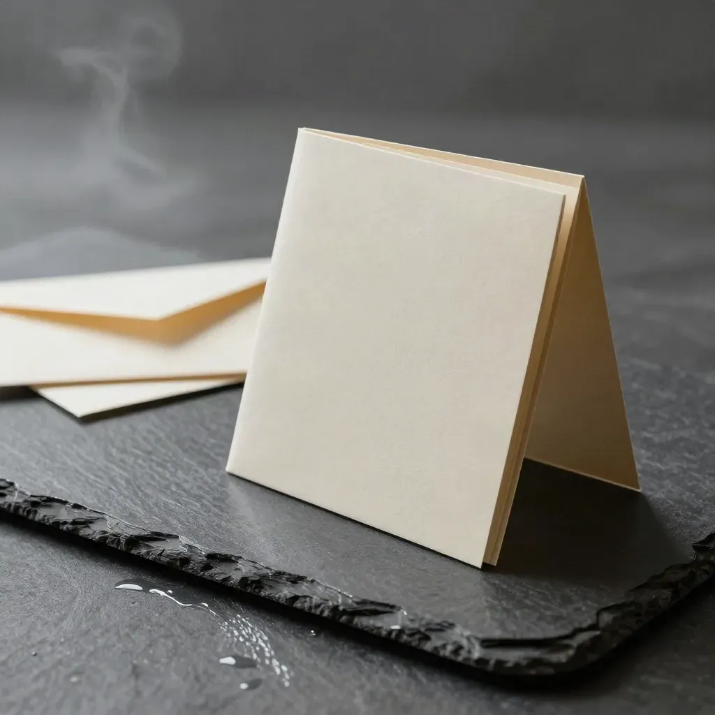 Folio d’audit de marque sur ardoise mouillée, avec échantillons pliés et enveloppe crème.