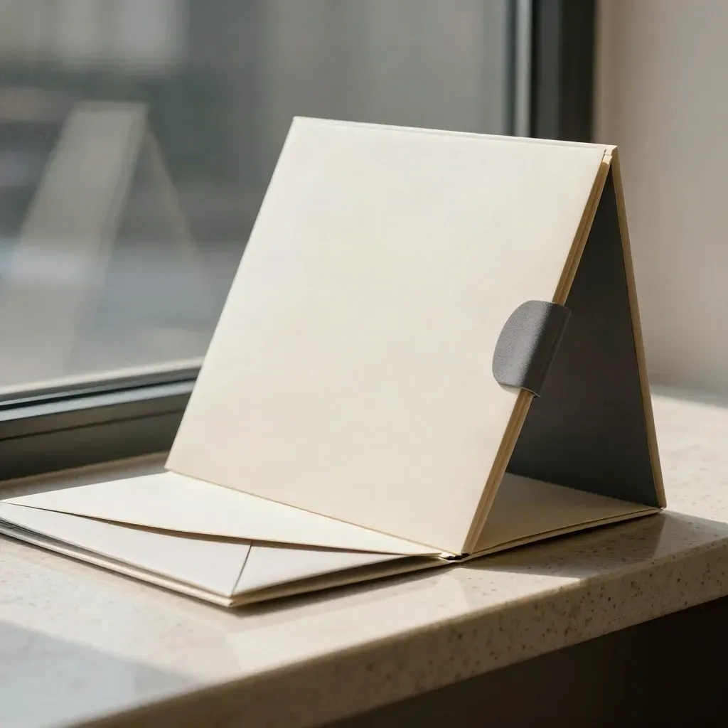 Chemise de suivi, portfolio papier et enveloppe mate sur travertin, soulevés par le vent