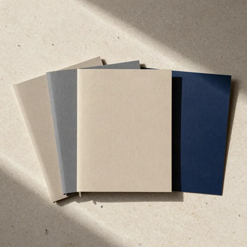 Pile de livrets de stratégie, carte pliée et galet papier sur travertin, vue zénithale.