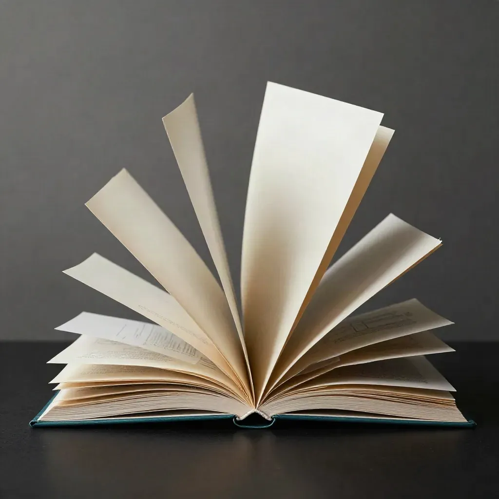 Folio ouvert et feuilles ivoire soulevées par un souffle sur fond sombre.