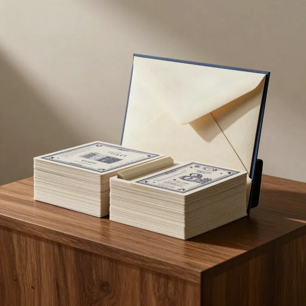 Pile de cartes partenaires européennes, coffret fin, enveloppe scellée et cartes modulaires sur socle bois.