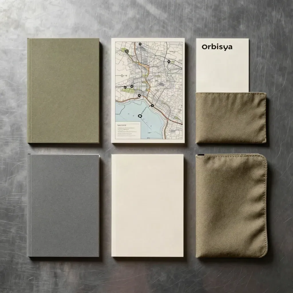 Vue zénithale de trois livrets fermés, une carte pliée, un bloc mince et un étui textile sur métal brossé.