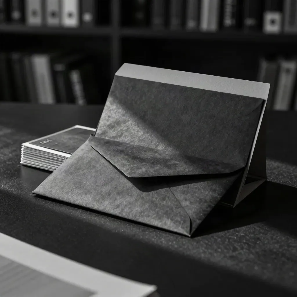 Folio monochrome de conseil avec enveloppe fine et cartes de suivi sur fond sombre.