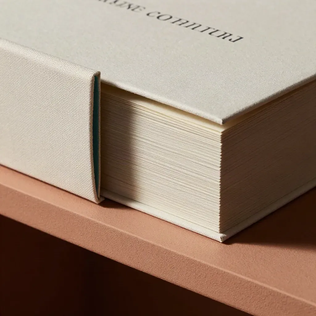 Gros plan d’un coffret papier texturé avec manchon en lin et carte épaisse, lumière rasante teal.