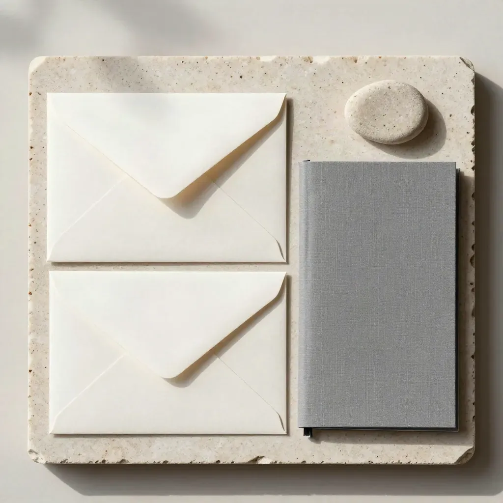Flatlay consultatif avec deux enveloppes, deux livrets et un galet de papier sur pierre claire.