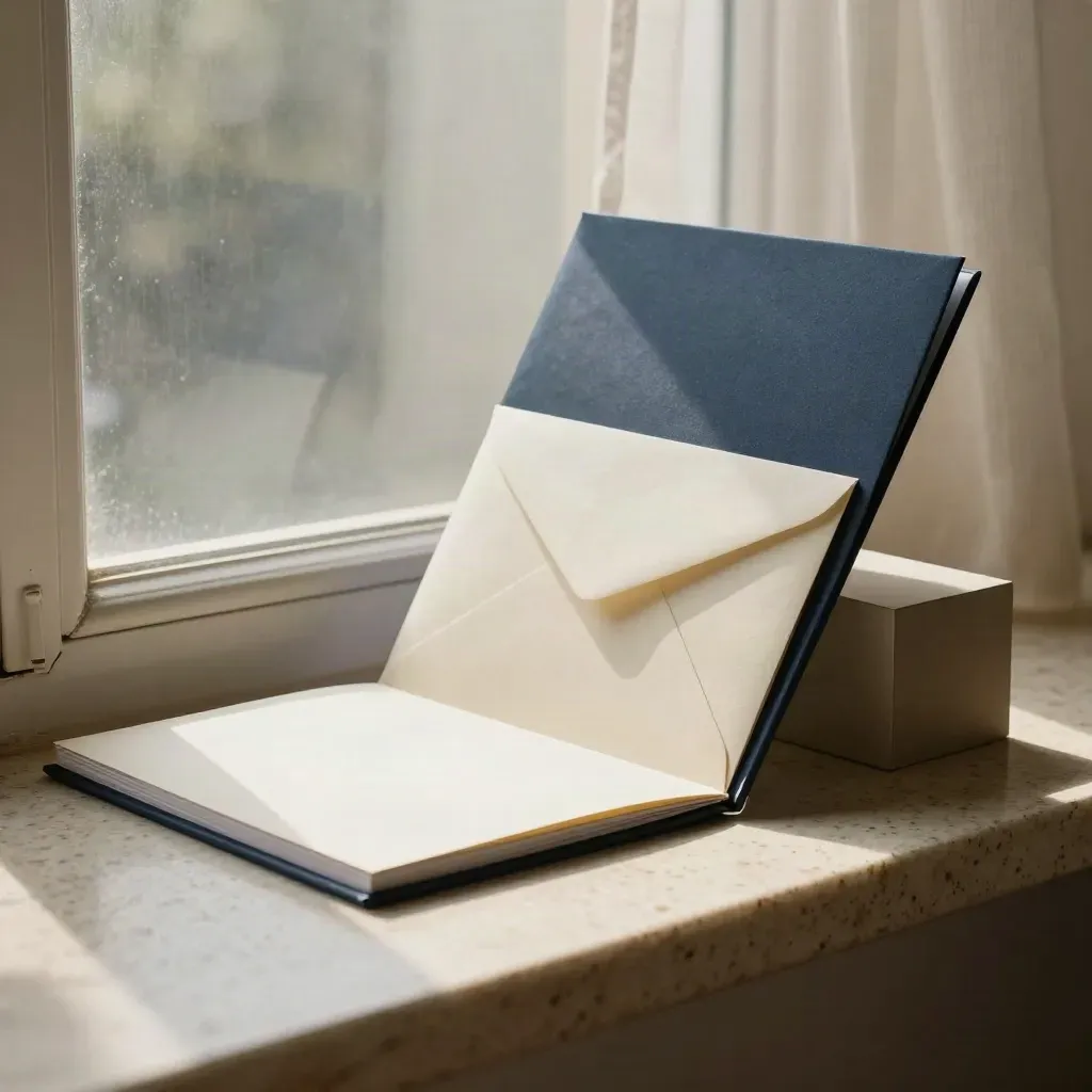 Classeur souple, carte pliée, enveloppe et bloc fermé au bord d’une fenêtre.
