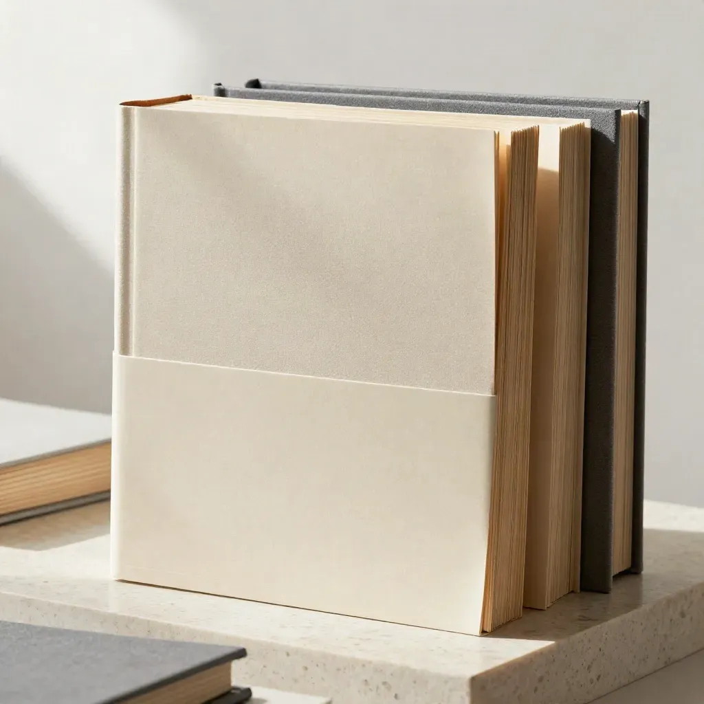 Pile de dossiers conseil en crème et graphite sur pierre claire, vue héroïque studio.