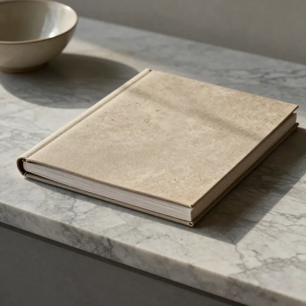 Marbre veiné, folio de conseil flou, bol céramique en hauteur, lumière douce du matin.