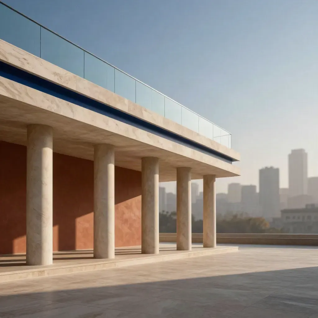 Arcade minérale contemporaine au-dessus d’une ville, lumière d’après-midi, espace vide pour le texte