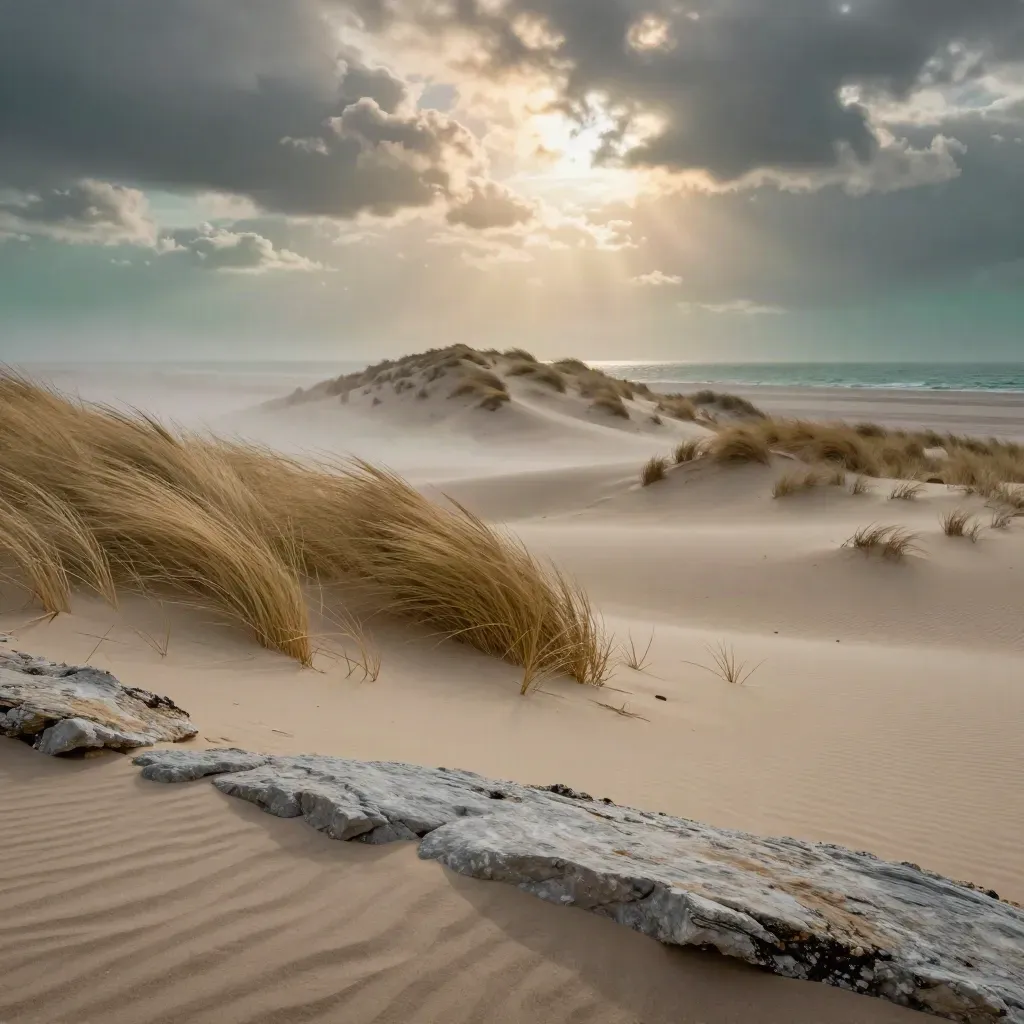 Dune pâle balayée par les herbes, roche lisse au premier plan, ciel haut lumineux et brume marine.